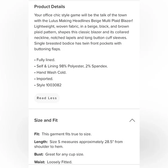 Lulus Making Headlines Beige Multi Plaid Blazer size XS - Picture 6 of 11